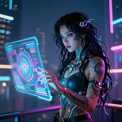 Cyberpunk woman with long black hair, neon tattoos, and futuristic black leather outfit, holding a glowing holographic interface in a neon-lit city