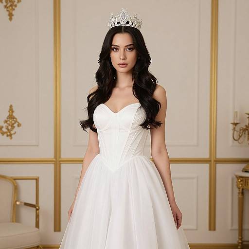 Photograph of a fair-skinned woman with long black hair, wearing a white strapless wedding dress and silver tiara, standing in an elegant,