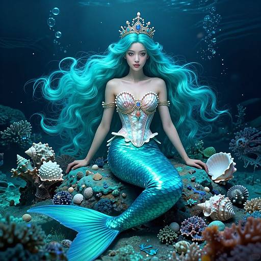 Digital art: Ethereal blue mermaid with flowing turquoise hair, golden crown, and shimmering scales, sits on coral reef, holding a white se