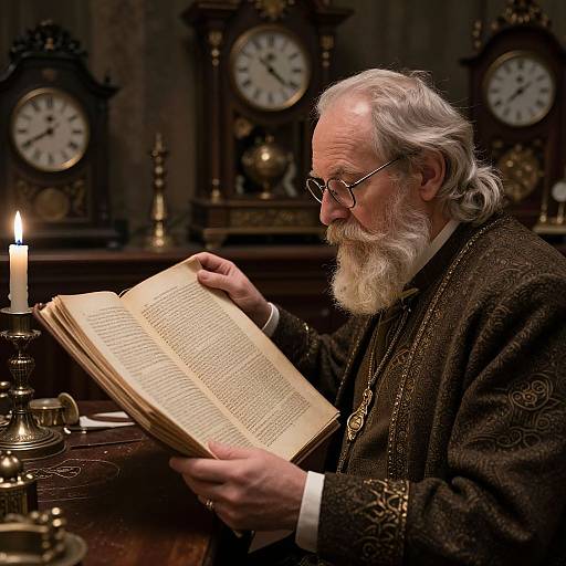 Photograph of an elderly white man with a long white beard and glasses, reading an open book by candlelight, wearing a dark, ornate robe