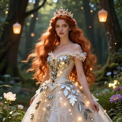 Photorealistic digital art of a red-haired fairy queen with long curls, wearing a silver-leafed, off-shoulder gown, illuminated by