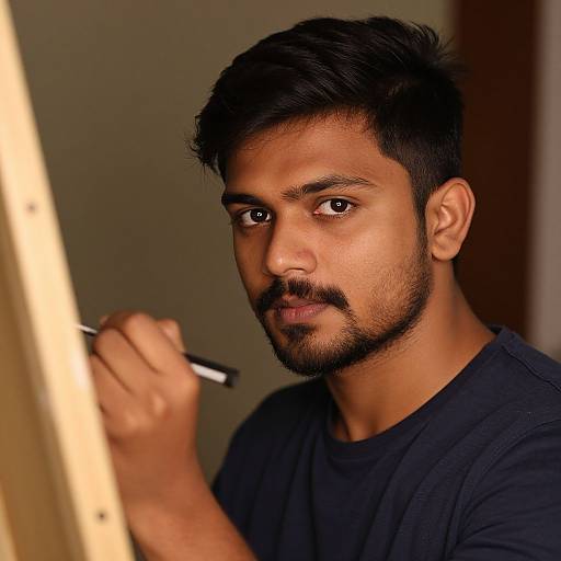 Photograph of a young Indian man with dark hair, beard, and brown skin, painting with a black marker on a canvas. He wears a dark