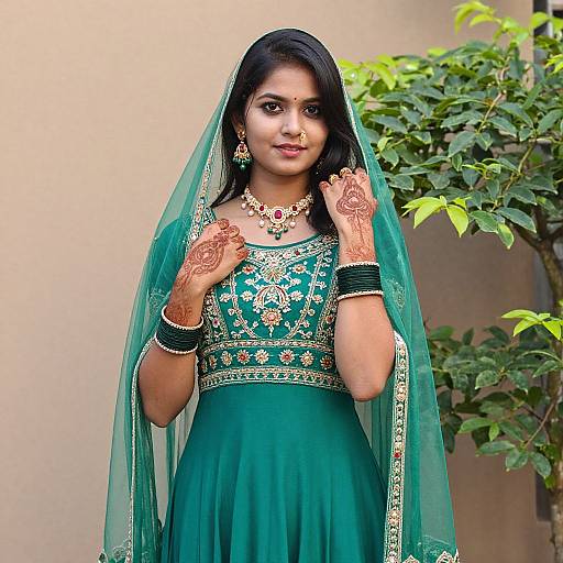 Photograph of an Indian woman in a green traditional lehenga with intricate gold embroidery, floral henna on her hands, and a green veil, standing