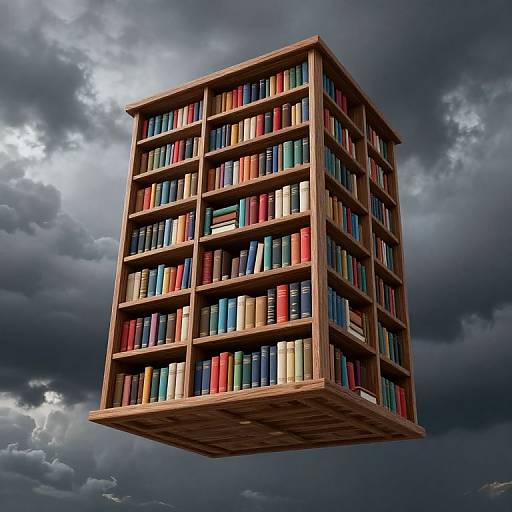 Photograph of a floating, multi-story wooden bookshelf filled with colorful books against a dramatic, cloudy sky.