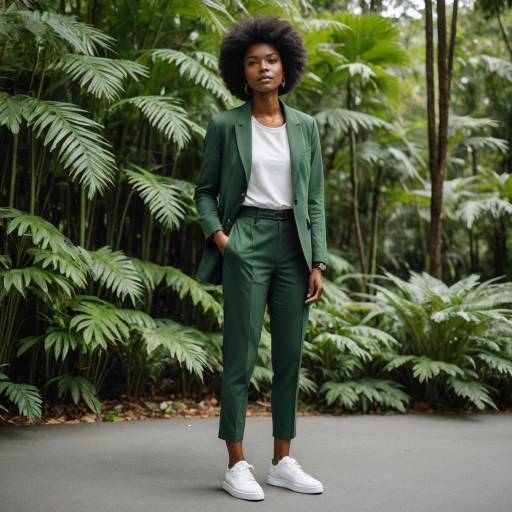 Stylish Woman in Green Suit in Lush Park