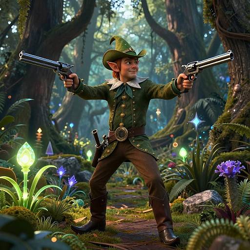 Fantastical CGI image of a green-clad, elf-like figure in a forest, dual-wielding revolvers, surrounded by glowing flowers and enchanted