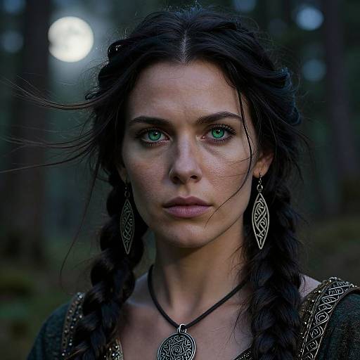 Photograph of a serious, green-eyed woman with dark braided hair, wearing intricate earrings and pendant, in a dimly lit forest.