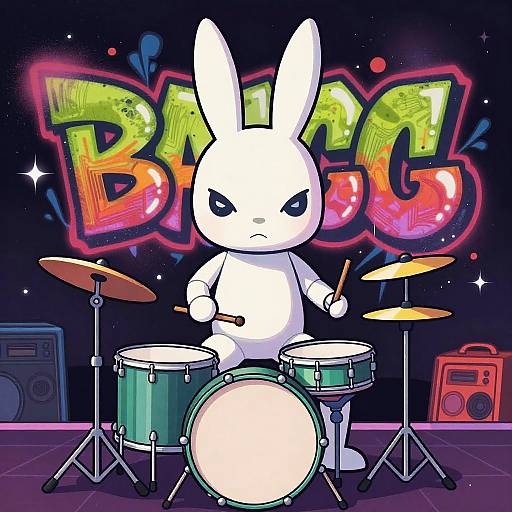 Cybernetic Rabbit Drumming in Cosmic Nightclub