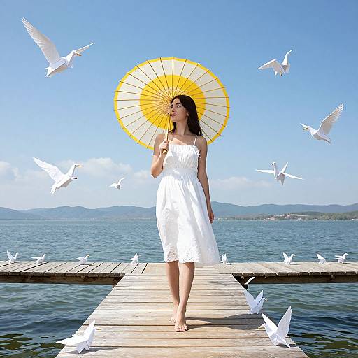 Photograph of a woman in a white dress and yellow parasol standing on a wooden dock, surrounded by flying seagulls, with a clear blue