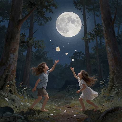 Digital illustration of two children with long hair, in white shirt and dress, playing under a bright full moon in a dark, enchanted forest, making floating