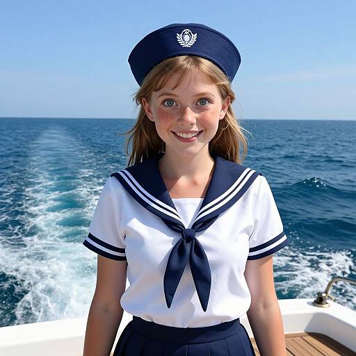 Photograph of a smiling young woman in a navy sailor uniform with a hat, standing on a boat in a clear blue ocean.