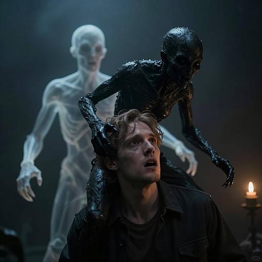 Terrified Man with Dark and Translucent Creatures