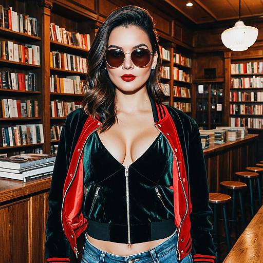 Confident Woman in Velvet Camisole and Varsity Jacket