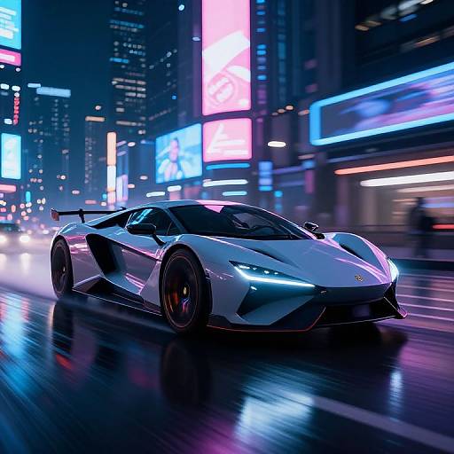 Photorealistic digital art of a sleek, white Lamborghini Huracán speeding through a neon-lit, cyberpunk city night, with colorful,