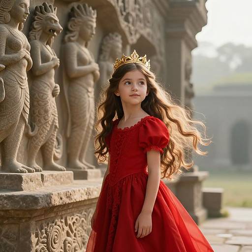 Young girl with long wavy brown hair, wearing a red dress and gold crown, stands before ornate stone statues in a sunlit courtyard. Photograph
