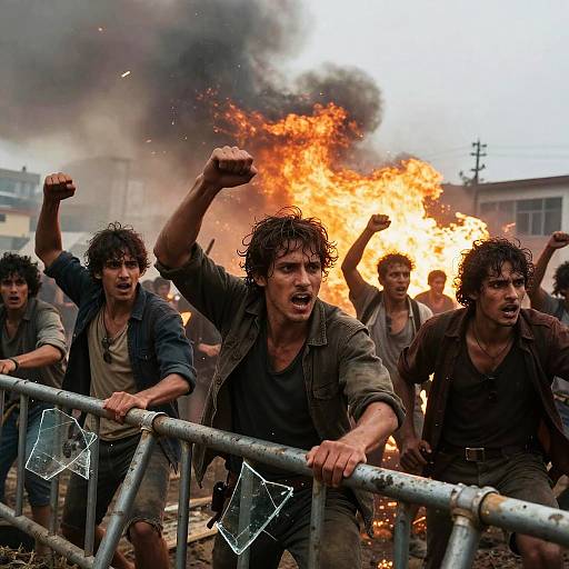 Photograph of angry, disheveled men with curly hair, raising fists behind metal barricade, amidst intense orange flames and thick black smoke.