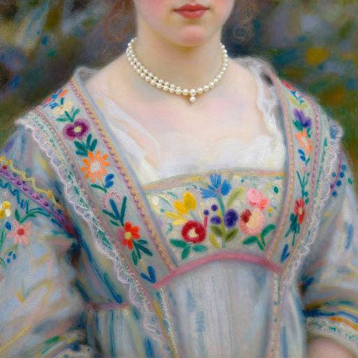 Photograph of a woman's upper torso in a colorful, floral-embroidered dress with a pearl necklace, set against a blurred, nature-filled