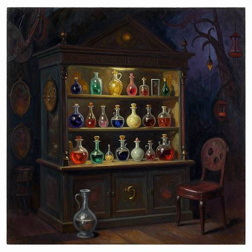 Dark, mystical painting of a wooden cabinet with glowing, colorful glass bottles on shelves, a glass decanter on the floor, and an old wooden chair