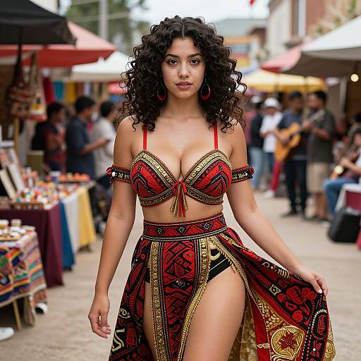 Photograph of a curvy, dark-haired woman with curly hair, wearing a red and black patterned, revealing bra and skirt, walking confidently in