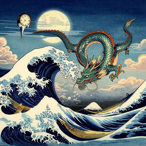 Digital artwork of a green, red-scaled dragon with yellow horns flying over large, white-capped ocean waves under a full moon. Clock in sky