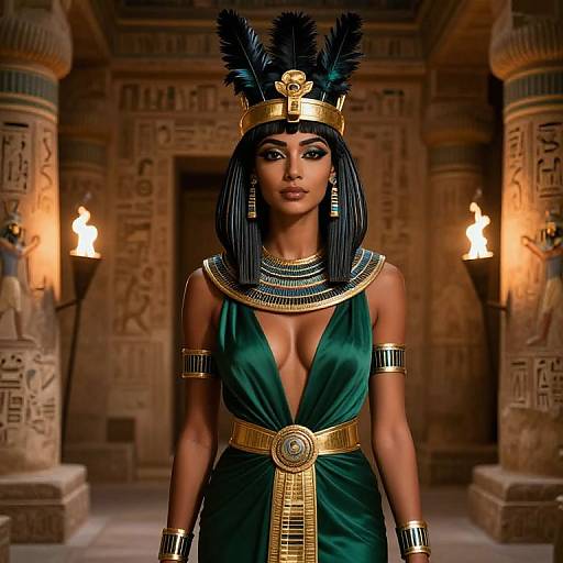 Digital artwork of a dark-skinned, black-haired woman in an Egyptian-style green dress with gold accessories, feathered headdress, standing in a dim
