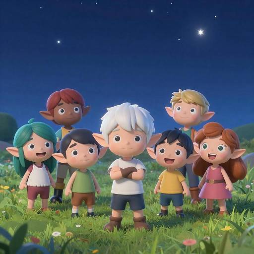 Whimsical Elves Under Starry Night Sky