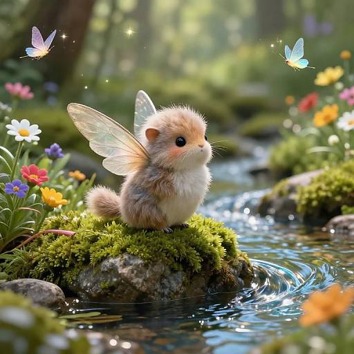 Digital art of a fluffy, fairy-like hamster with delicate wings, sitting on a mossy rock by a sparkling stream, surrounded by colorful flowers and