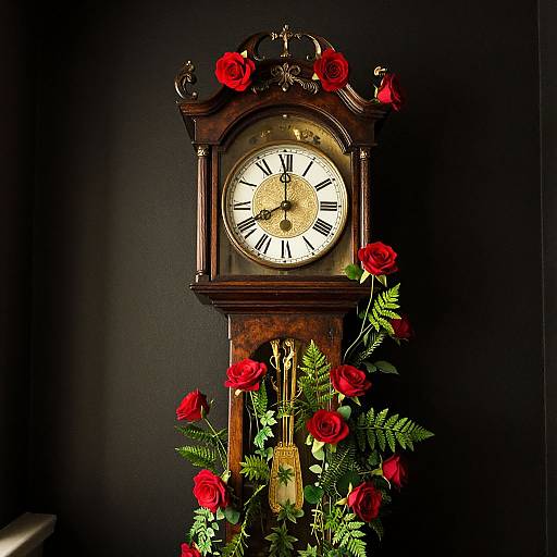 Vintage wooden clock adorned with red roses and green foliage against a dark background, illuminated from behind, creating a romantic, nostalgic atmosphere.
