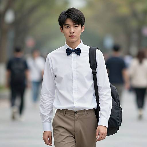 Photograph of a young Asian man with black hair, wearing a white shirt, black bow tie, beige pants, black backpack, walking down a blurred