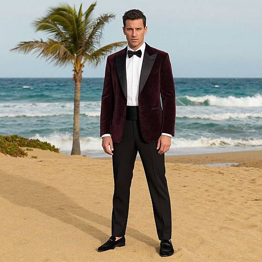 Photograph of a handsome man in a black velvet tuxedo with bow tie, standing on a sandy beach with ocean waves and a palm tree in