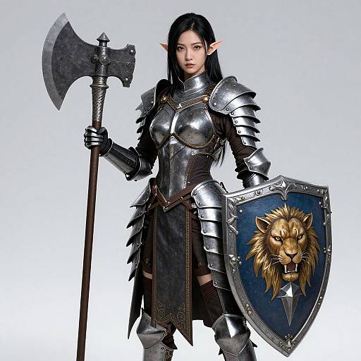 Digital artwork of an elven warrior with long black hair, wearing silver armor, holding an axe and a lion-emblazoned shield.