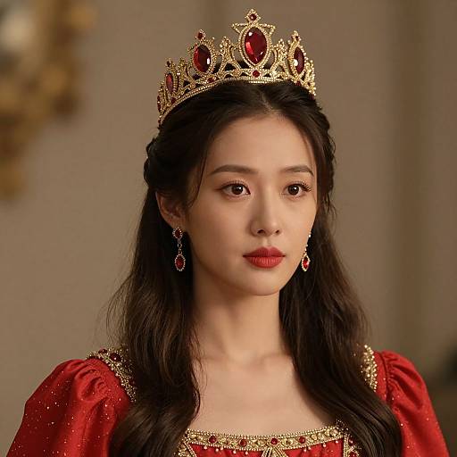 Photograph of an Asian woman with long black hair, wearing a gold crown with red jewels, red dress with gold trim, and matching earrings, looking