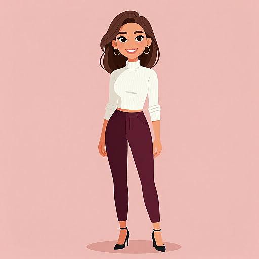 Digital illustration of a smiling woman with brown hair, wearing a white long-sleeve top, high-waisted dark purple pants, and black high