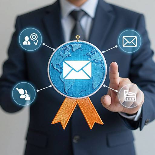 Photograph of a businessman in a black suit, pointing at a blue, globe-shaped icon with an email symbol, surrounded by communication icons, against a