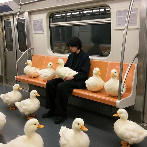 Photograph of a black-haired man in black clothes sitting on an orange subway bench surrounded by numerous white ducks.