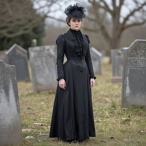 Photograph of a pale-skinned woman in a Victorian-style black dress and hat, standing in a grassy cemetery with old, weathered gravest