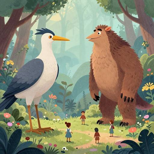 Whimsical forest scene: tall, white heron with blue wings and yellow beak faces brown, furry, bear-like creature; children in dresses