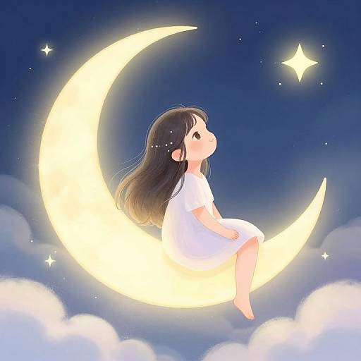 Anime-style digital illustration of a young girl with long black hair, wearing a white dress, sitting on a glowing crescent moon against a dark blue night