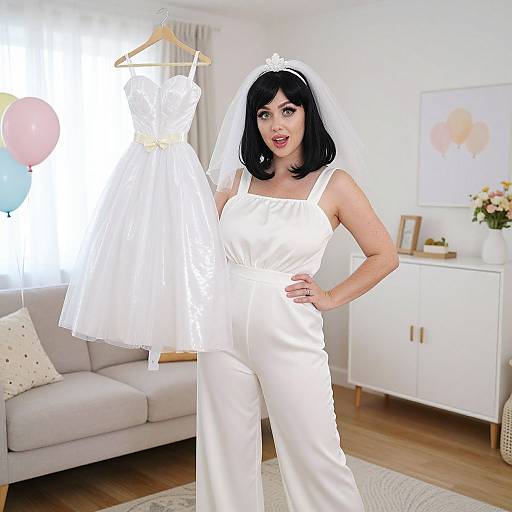 Photograph of a fair-skinned woman with black hair, wearing a white wedding dress and veil, standing in a bright living room, holding another white