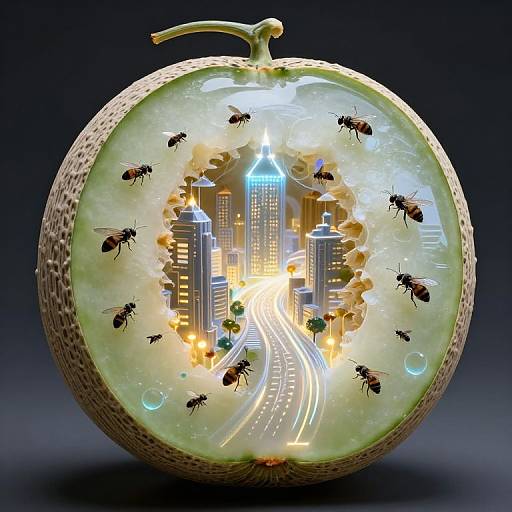 Photorealistic digital art of a sliced apple with a glowing cityscape inside, surrounded by detailed black ants on a dark background.