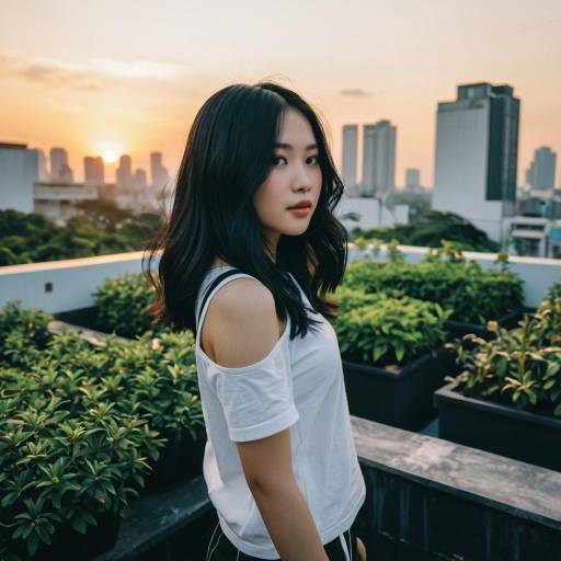 Young Southeast Asian Woman at Rooftop Garden Sunset