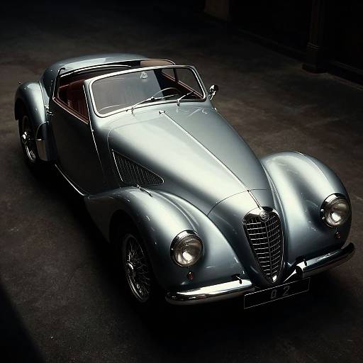 Photograph of a sleek, silver vintage convertible car with shiny chrome details, large round headlights, and a polished grille, parked on a dark, shadow