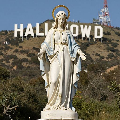 Photograph of a white statue of a robed, haloed Virgin Mary with outstretched arms, in front of a hill with 