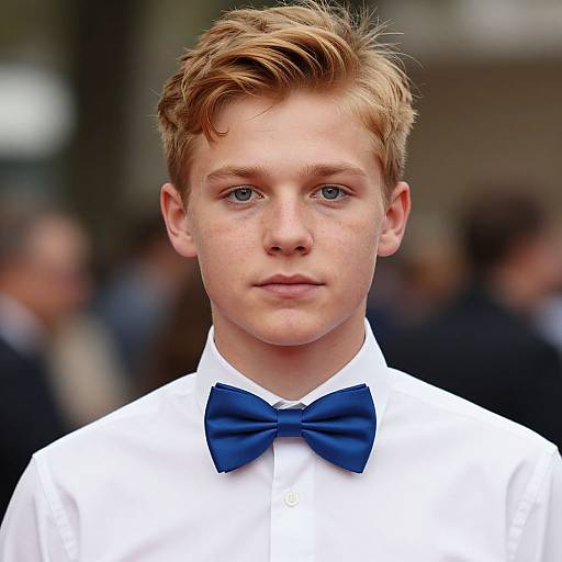 Photograph of a young, fair-skinned, blond-haired boy with blue eyes, wearing a white shirt and navy bow tie, standing against a blurred
