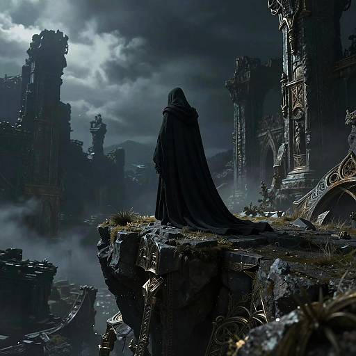 Dark Fantasy Cloaked Figure Scene