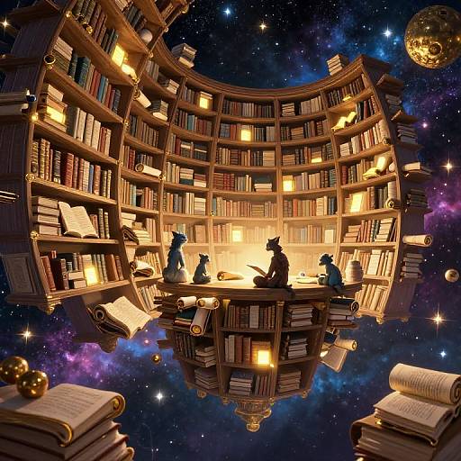 Fantastical digital art of a floating library in space, with four silhouetted figures reading and writing among glowing bookshelves.