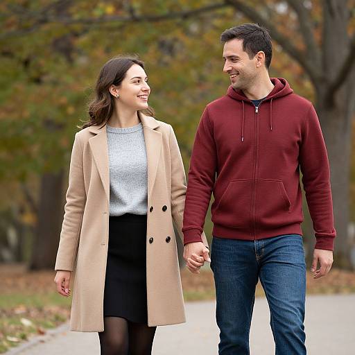 Photograph of a smiling couple holding hands in an autumn park; woman in beige coat and black skirt, man in maroon hoodie and blue jeans.