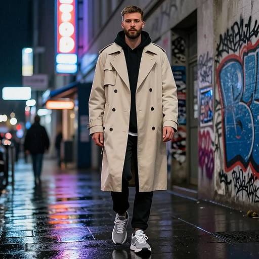 Photograph of a bearded man with short brown hair, wearing a long beige trench coat, black hoodie, and white sneakers, walking on a wet