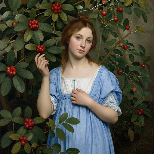 Photorealistic digital painting of a fair-skinned, red-haired young woman in a blue dress, holding a cherry branch with red berries against a lush