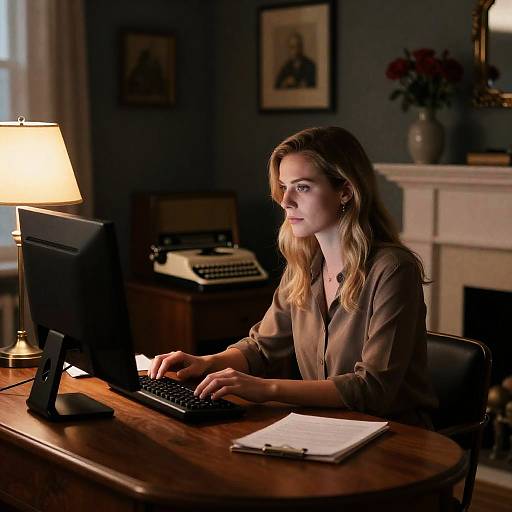 Woman Working at Computer in Vintage Office